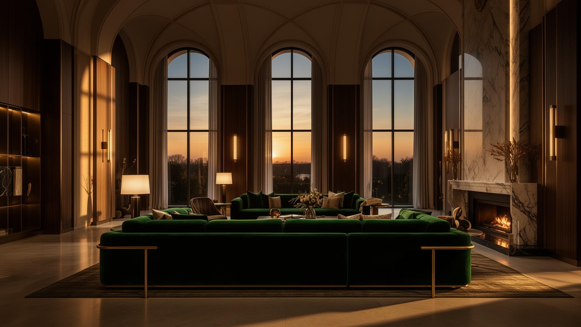 Cinematic emerald-toned luxury living room at dusk